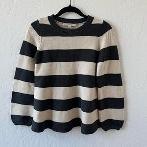 LOFT Black and Cream Striped Crewneck Loose Sweater